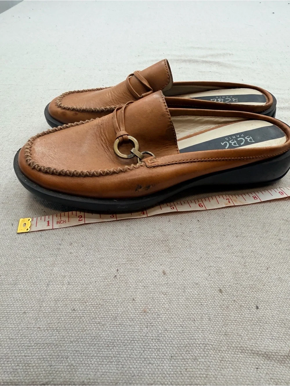 BCBG Paris Brown Leather Slip-On Loafers with Metal Bit